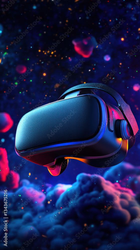 Poster a virtual reality headset is floating in space. the headset is surrounded by colorful, glowing cloud