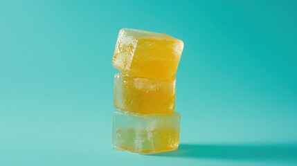 Stack of translucent amber cubes, blue background.