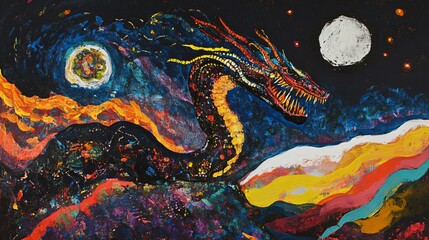 Majestic Dragon in Night Sky - Mystical Creature Fantasy Artwork