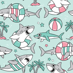 Seamless vector pattern with cute sharks and pool floats. Hand drawn summer holiday background. Exotic underwater sealife illustration. Perfect for textile, wallpaper or print. EPS10 vector file.