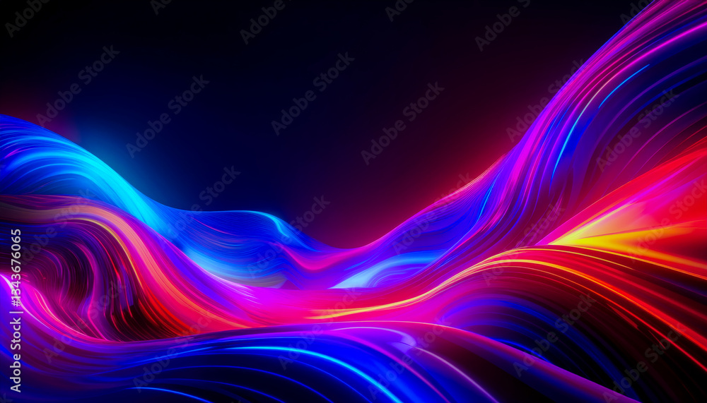 Poster Colorful flowing abstract waves create a vibrant visual experience in a dark setting