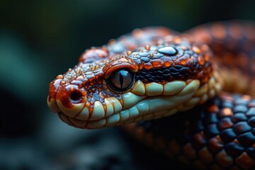 Fototapeta premium Snake's scale glistens with dew, revealing piercing eyes , animal, reptile