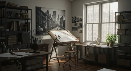 Drawing Studio Interior with Vintage Drafting Table and City Artwork