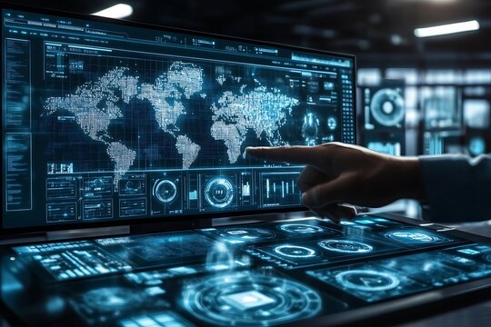 A hand points at a world map displayed on a screen