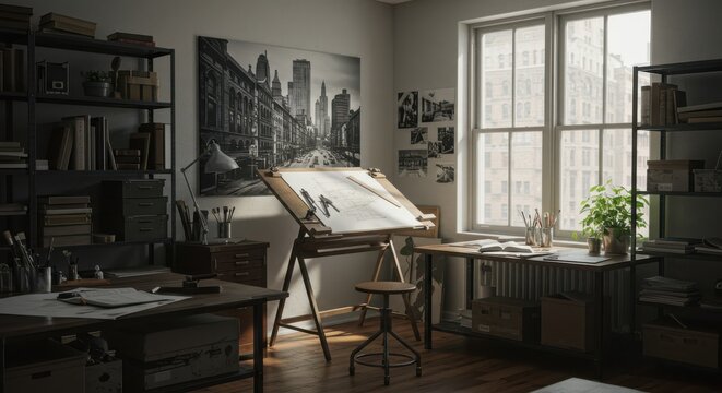 Drawing Studio Interior with Vintage Drafting Table and City Artwork
