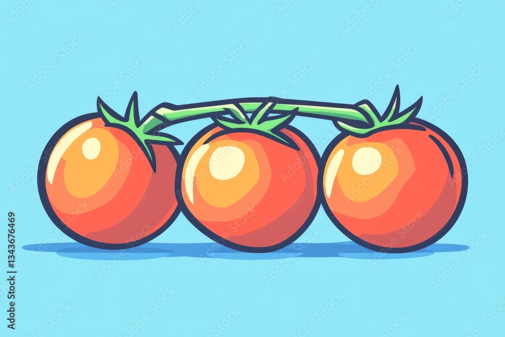 Poster Bright red tomatoes on a branch against a blue background with a playful and vibrant graphic style for an appealing look
