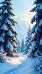 Snow-covered forest with snowflake bordering a Christmas card, icicles, wintry, ice