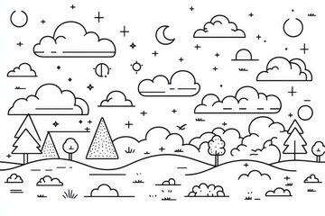 Stylized landscape with trees, clouds, and stars in a whimsical design under a crescent moon