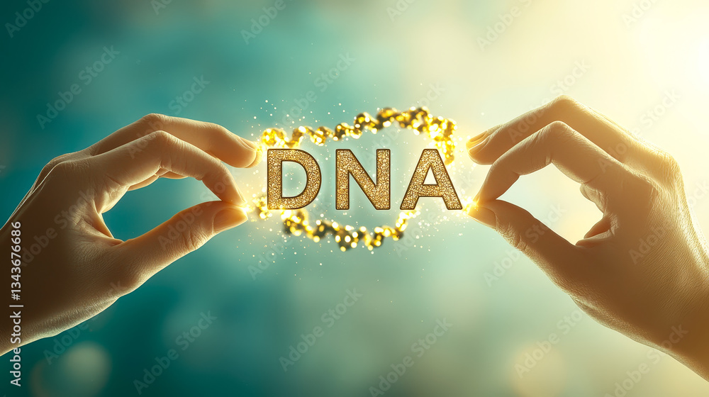 Poster Hands holding a glowing DNA strand symbolizing genetic science and discovery in a modern laboratory setting
