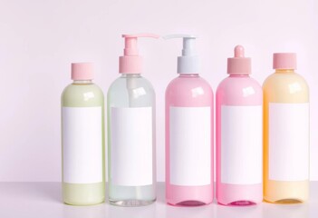 Pastel cosmetic bottles with blank labels, ready for branding, branding, cosmetic