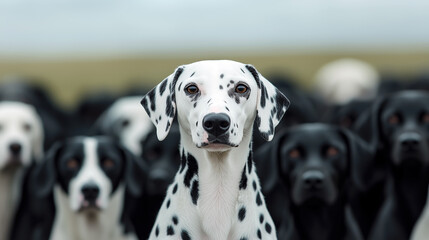 Dalmatian dog with black and white dogs on the background. 