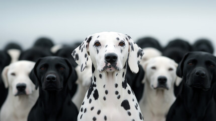 Dalmatian dog with black and white dogs on the background. 