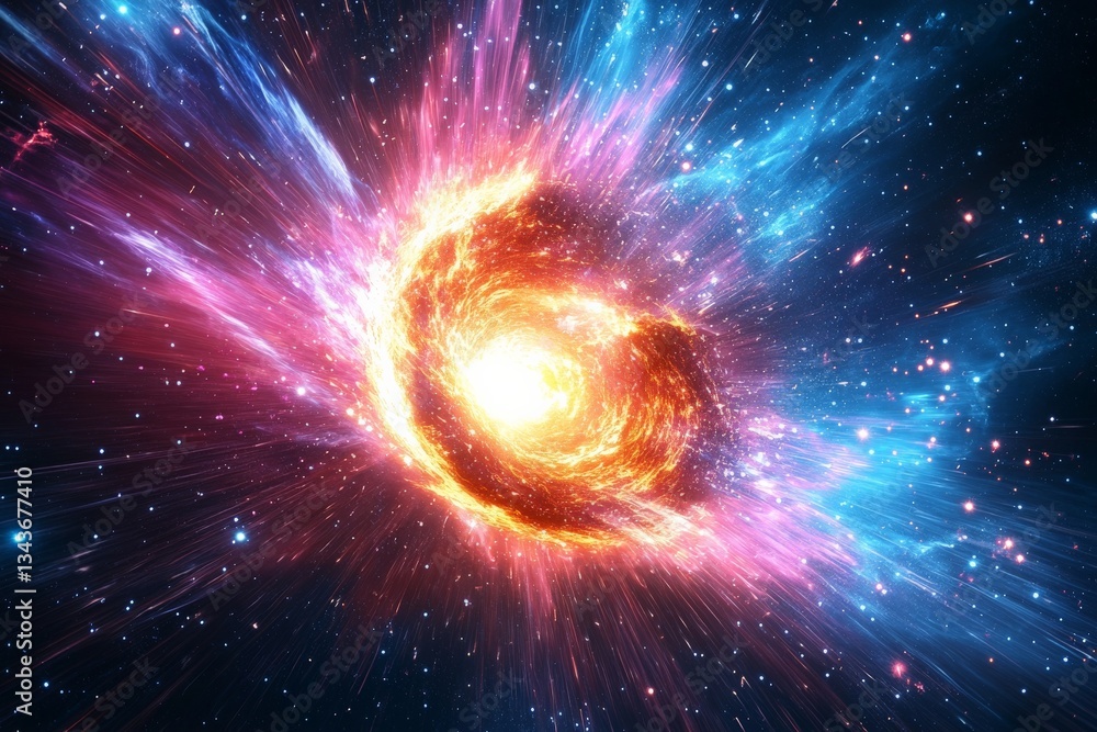 Poster vibrant cosmic explosion in deep space showcasing a swirling galaxy during the creation of new stars