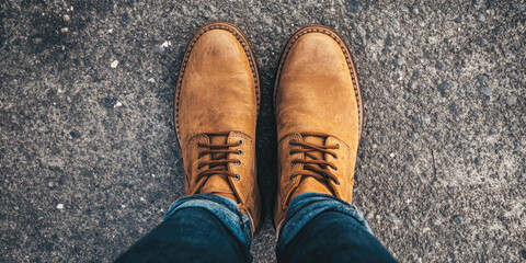 Brown leather boots on pavement with denim jeans visible from above