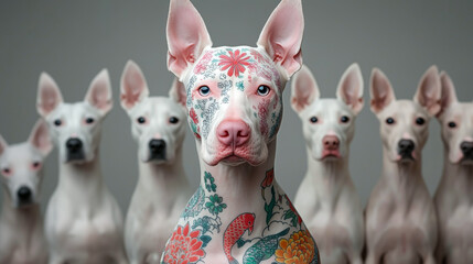 Tattooed doberman dog with white dogs on the background. 