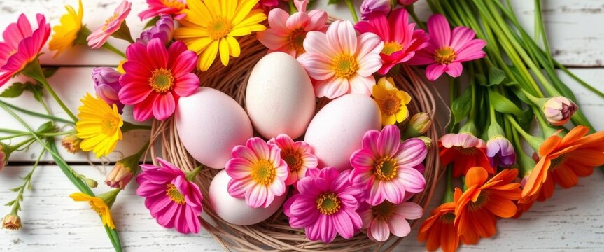 Pastel Easter eggs nestled amongst vibrant spring flowers on a whitewashed wood background, sweet, holiday
