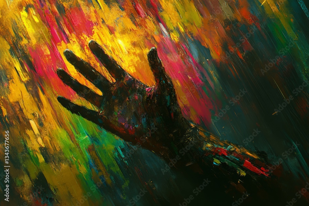 Poster vibrant hand reaching out against a background of colorful splashes at dusk in a creative expression