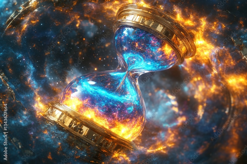 Poster Cosmic hourglass shimmering with stars and flames in a vast nebula during a celestial event
