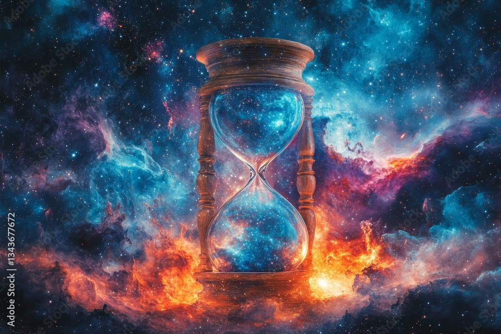 Poster cosmic hourglass floating in a vibrant galaxy, symbolizing the passage of time in the universe