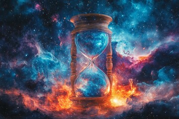 Cosmic hourglass floating in a vibrant galaxy, symbolizing the passage of time in the universe