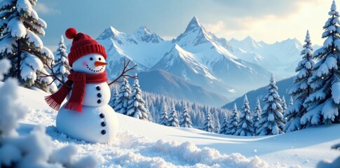 Fototapeta premium snowman in winter scenery with snow-covered trees and mountains, winter wonderland, snowy landscape