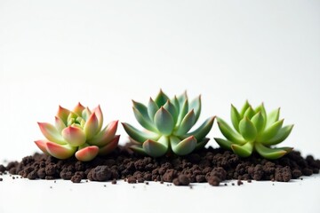 Fototapeta premium Small succulent plants on a white background with soil, desert plants, unique