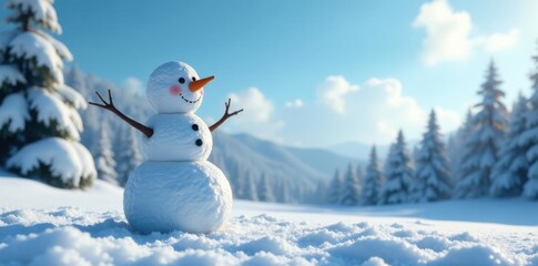 Snowman standing alone in a serene winter landscape with snow-covered trees and a bright blue sky, peaceful scene, frozen water