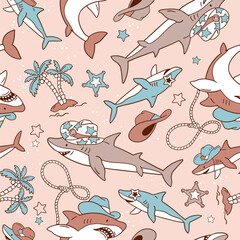 Seamless vector pattern with cute western sharks. Hand drawn summer holiday background. Exotic underwater sealife illustration. Perfect for textile, wallpaper or print design. EPS10 vector file. © MirabellePrint