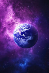 Obraz premium Vibrant earth in cosmic purple nebula with starry sky