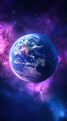 Naklejka premium Stunning view of earth in space with vivid purple nebula and stars