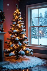 Snowy Christmas tree in a frosty room, christmas, indoor