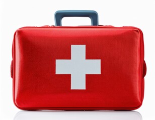 Obraz premium Red first aid kit with white cross symbol for emergency healthcare