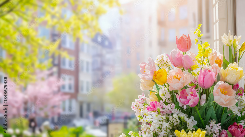 Poster vibrant spring flowers in a city setting with blooming trees and soft sunlight during the day