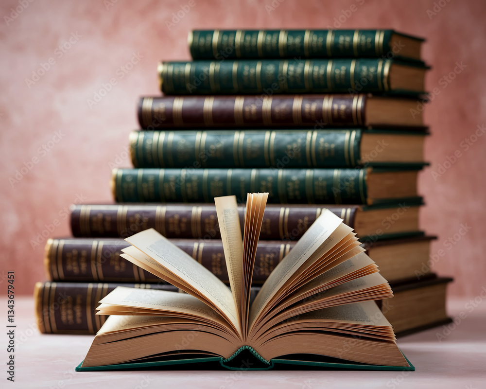 Poster open book with pages fanned out, resting on a table in front of a stack of books, showcasing knowled
