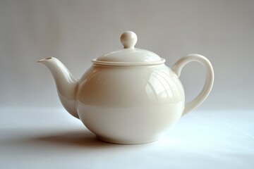 Elegant white teapot resting on a smooth surface with soft lighting creating a serene atmosphere