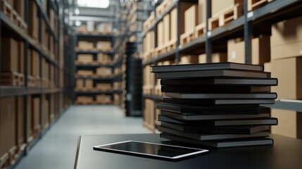 Obraz premium A stack of books beside a tablet in a warehouse filled with storage boxes.