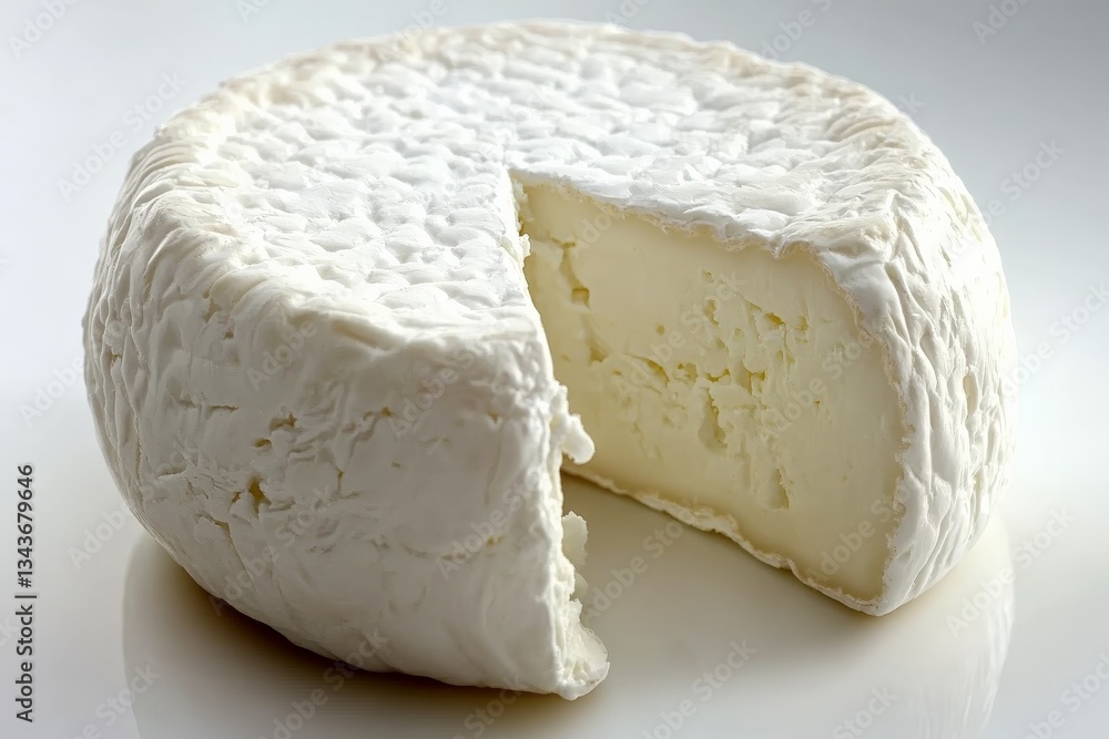 Poster creamy white cheese with a slice removed showcasing its texture and color