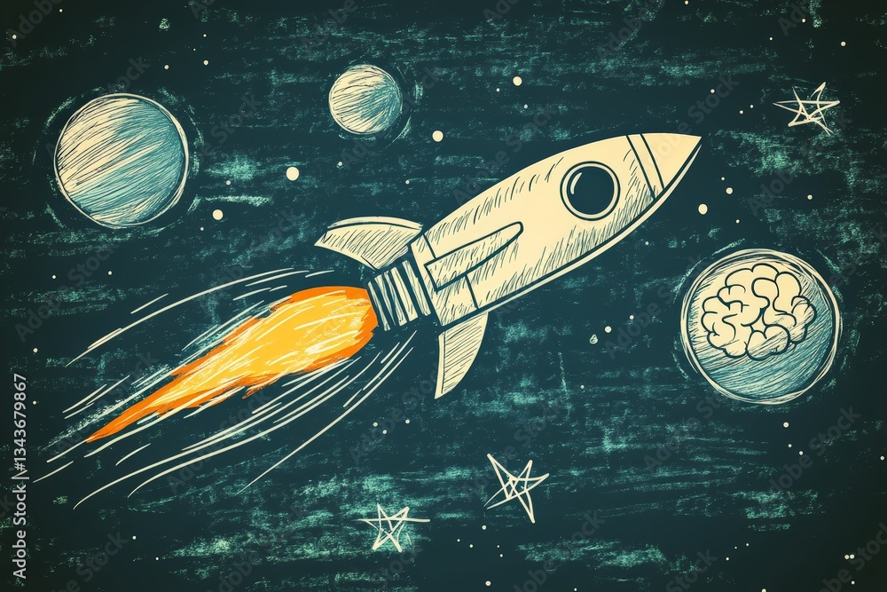 Fototapete rocket flying through space with planets and stars in a colorful sketch style background