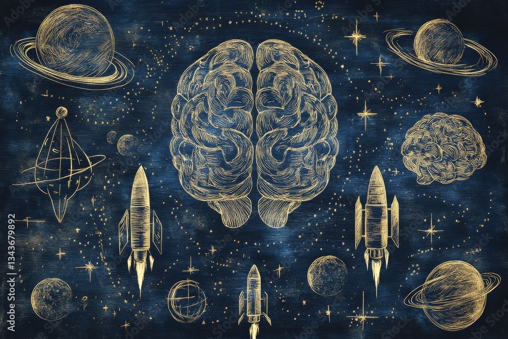 Poster Creative depiction of a brain in space surrounded by rockets, planets, and stars illustrating the connection between intellect and exploration