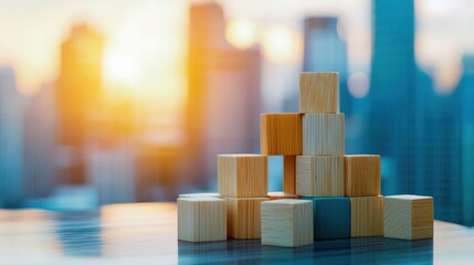 Wooden blocks forming a city skyline for an urban concept.
