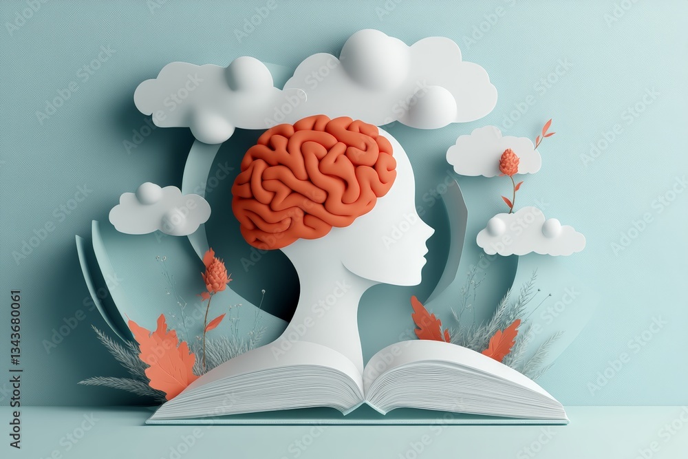 Aufkleber Creative representation of knowledge and imagination featuring a brain and book surrounded by nature elements