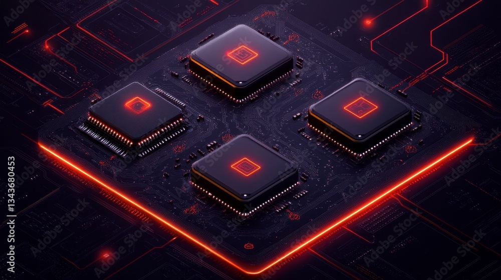 Aufkleber abstract 3d rendering of four dark cubes with glowing orange centers on a dark circuit board backgro