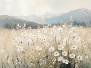  Oil painting of wildflowers in the meadow, with white flowers and light beige and gray tones. © YIfan