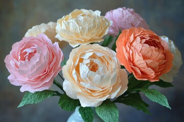 Colorful paper flowers arranged in a decorative vase on a simple background creating an artistic display of handmade crafts