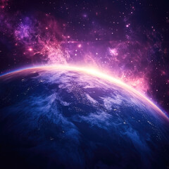 Obraz premium Breathtaking cosmic view of earth with glowing galaxy and stars at dawn
