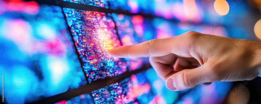 Poster a hand pointing at a screen with a blue background and a red and orange dot. concept of focus and at