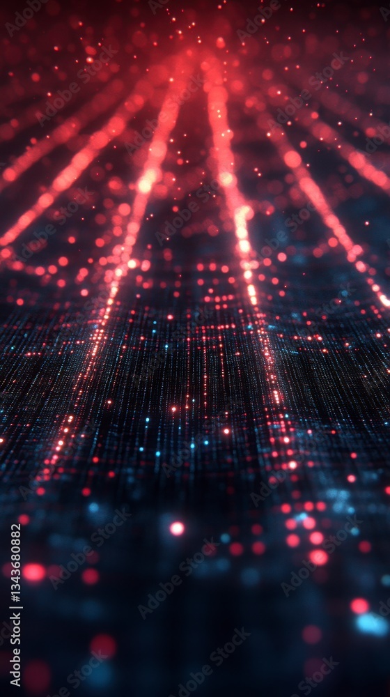 Poster abstract digital art with red and blue glowing particles forming lines and patterns on a dark backgr