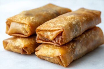Delicious crispy spring rolls stacked on a white marble surface ready for serving
