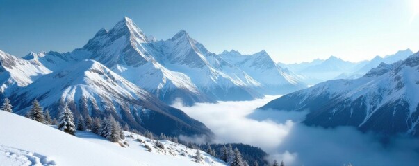 Fototapeta premium Snowy mountain range with towering peaks and misty valley, towerin peaks, icy mountains, wintery peaks