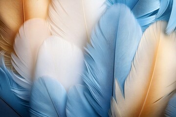 Close-up of soft, colorful feathers creates a gentle, ethereal mood, ideal for designs related to nature, birdwatching, or pastel-themed events.